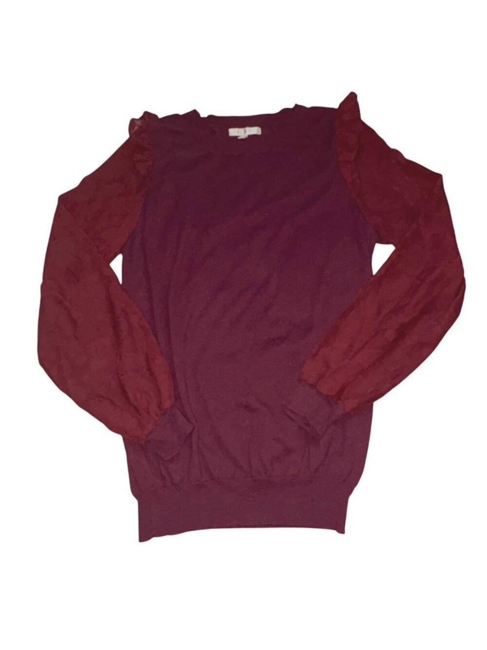 Skies Are Blue Womens Knit Blouse With Sheer Floral Sleeves-Wine-M-GUC